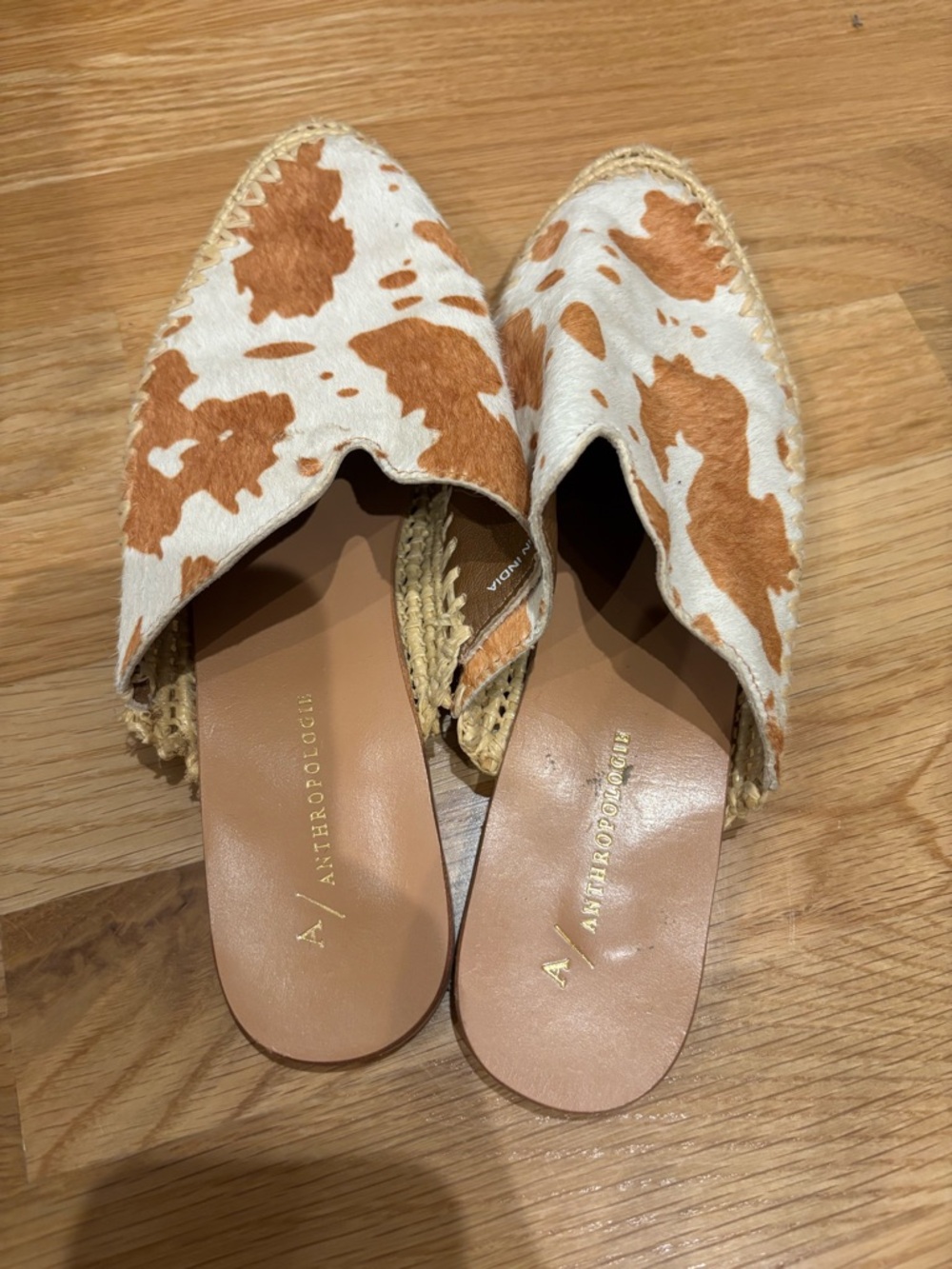 Anthropologie Brown and White Cowhide Espadrille Mules